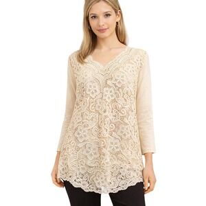 Fair Lady Womens Lace Top 22 Beige Crochet Overlay Dressy Romantic Sheer